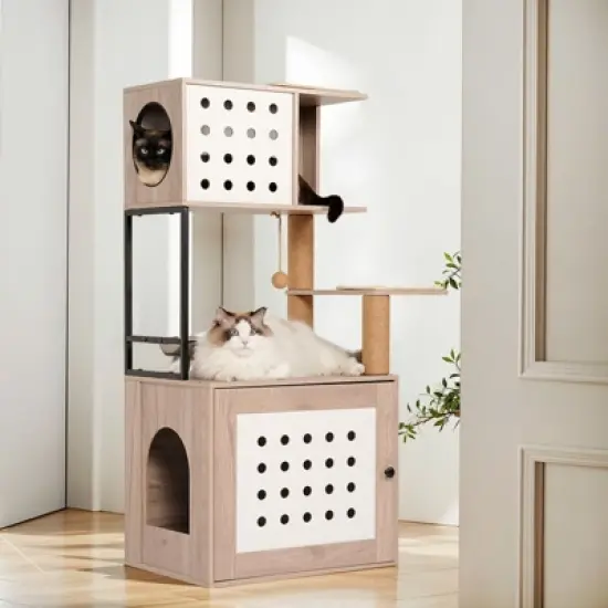 Lirago Gray and White Cat Tree 21.7x17.0x47.2"-All-in-One Litter Box and Play Tower image {7}