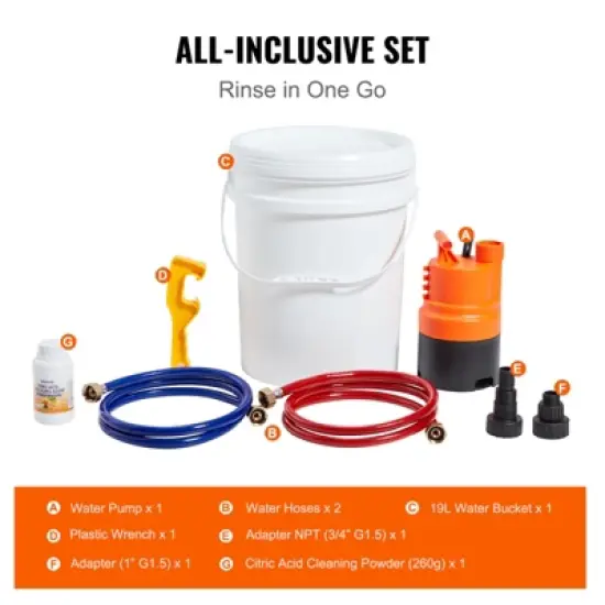 VEVOR Tankless Water Heater Flushing Kit, Includes Efficient Pump & 5 Gallon Pail & 2 Hoses & Descaling Powder, Orange image {3}