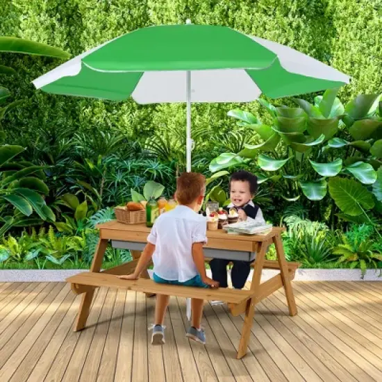 Babyjoy 3-in-1 Kids Picnic Table Outdoor Water Sand Table w/ Umbrella Play Boxes image {3}