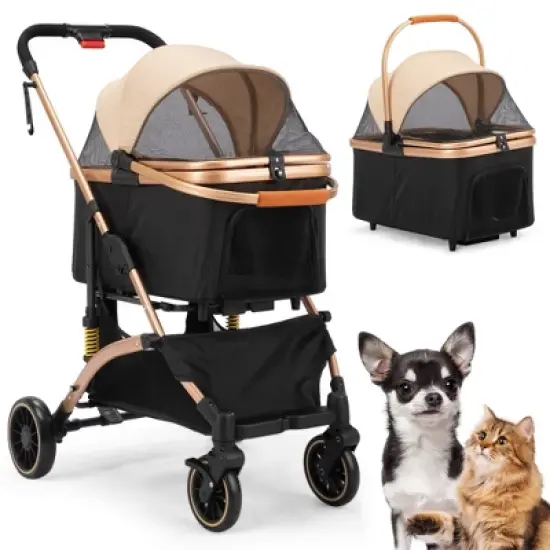 Sandinrayli 3-in-1 Foldable Pet Stroller for Dogs and Cats with Detachable Carrier, 6 Shock Absorbers, Rose Gold image {8}