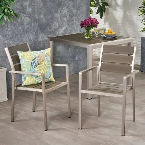 Cape Coral 2pk Aluminum Dining Chair with Faux Wood Seat - Silver/Gray - Christopher Knight Home: Weather-Resistant, Fixed Arms, 250lb Capacity image {1}