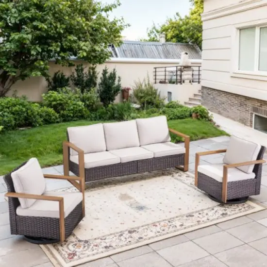 POCASSY 3 Pieces Patio Furniture Set with 3-Seater Sofa and 2 Swivel Glider Rocking Chairs, All Weather Wicker Outdoor Conversation Set with Metal Arm image {7}