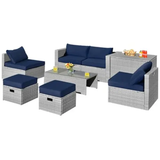 Tangkula 8 Pieces All-Weather PE Rattan Patio Furniture Set Outdoor Space-Saving Sectional Sofa Set with Storage Box image {10}
