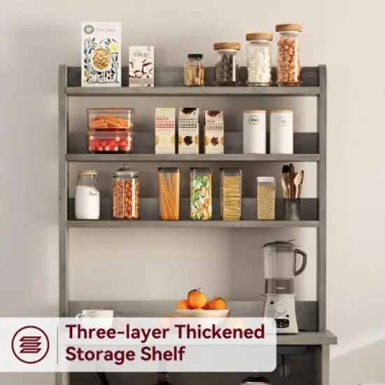 Microwave Stand Cabinet - Farmhouse Bakers Rack with Power Outlet, Thickened Counter, Freestanding Kitchen Rack, Large Storage, Easy Assembly image {2}