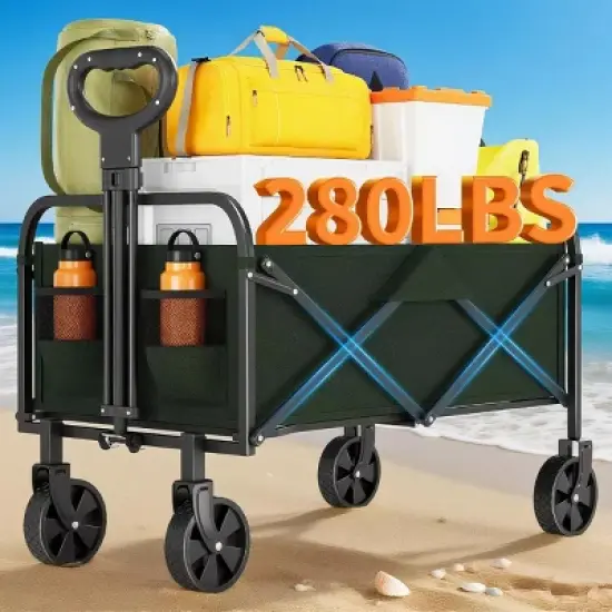 Foldable Collapsible Wagon Cart, 200 lbs Load All Terrain Utility Pull Camp Beach Wagon with Cup Holders & Adjustable Handle image {10}