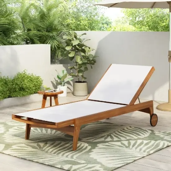 Christopher Knight Home Coloma Outdoor Mesh and Acacia Wood Armless Adjustable Chaise Lounge with Wheels image {10}