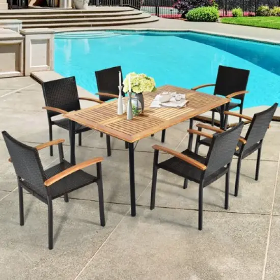 Tangkula 7 PCS Patio Rattan Dining Furniture Set Armrest Chairs Wooden Table image {1}