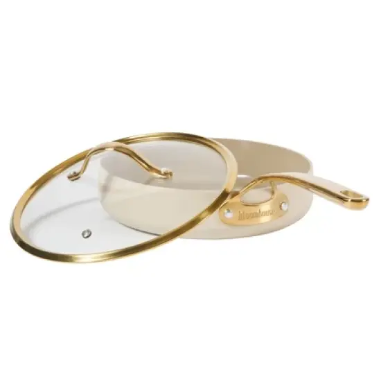 Bloomhouse 10 Inch Heavy Duty Aluminum Premium PFA Free Ceramic Nonstick Saute/Deep Frying Pan Skillet with Lid - Linen White with Gold Handle image {3}