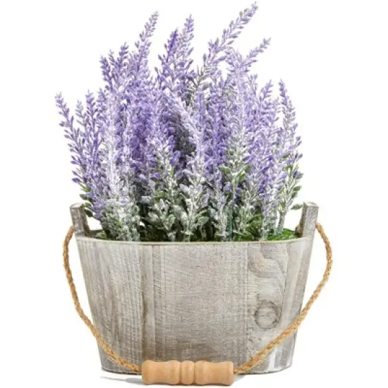 Artificial Lavender Fake Flower Plant in Rustic Oval Wooden Box for Decorations image {3}
