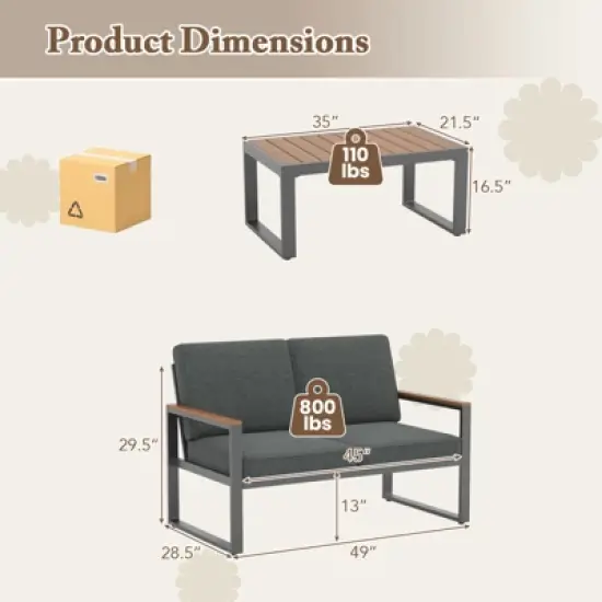 Tangkula 2 PCS Patio Aluminum Furniture Set Cushioned Sectional Sofa w/ Coffee Table image {4}