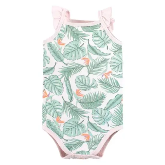 Hudson Baby Infant Girl Cotton Sleeveless Bodysuits, Palm Flamingo image {2}