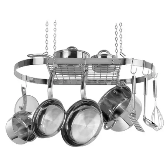 Range Kleen Stainless Steel Oval Hanging Pot Rack: Ceiling Kitchen Rack, Silver, 1.88" H, 34" D, 18.75" W, 9.15 lbs image {1}