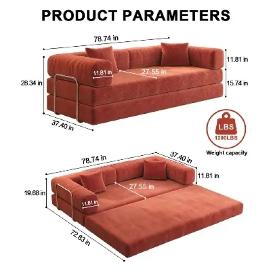 Dolonm 78.8 "Foldable Combination Sofa,Compression Boneless Sofa,Floor Sofa Mattress,Corduroy Fabric,Suitable for Living Room and Bedroom, Orange image {1}