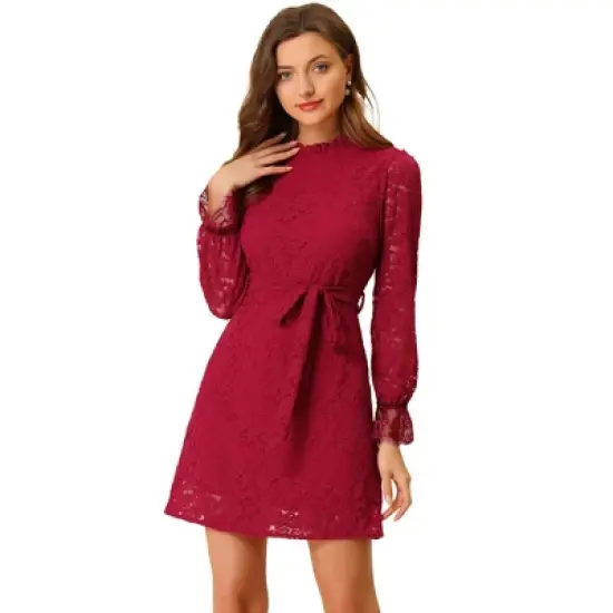 Allegra K Women's Ruffle Crew Neck Formal Elegant Mini Floral Lace Dress image {11}