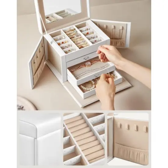 Large Accessory Organizer 4-Tier White Mirror Jewelry Box image {5}