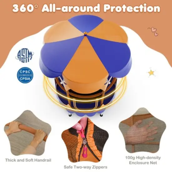 Costway 64'' Kids Trampoline w/ Detachable Canopy Safety Enclosure Net Foam Handle Pink/Orange image {8}