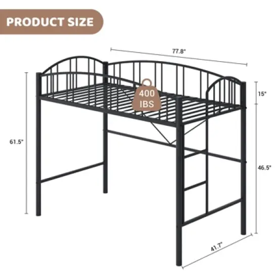 Garvee Loft Bed Twin Size, Heavy Duty Metal Loft Bed Frame with Arched Guardrail and Safety Ladder, Space-Saving, No Box Spring Needed, Black image {1}