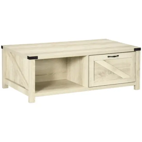 HOMCOM Farmhouse Coffee Table with Storage Drawer and Open Shelf, Rustic Coffee Table for Living Room image {8}
