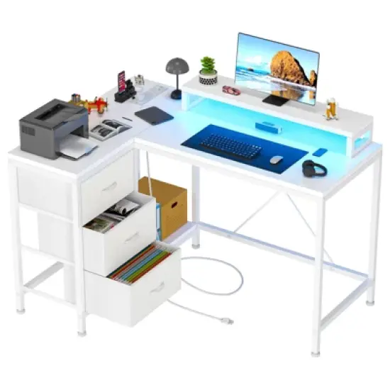 43 Inch Computer Desk, L Shaped Desk with Power Outlets and Led Lights, 3-Drawer Gaming Desk with Storage Shelves and Monitor Stand image {11}