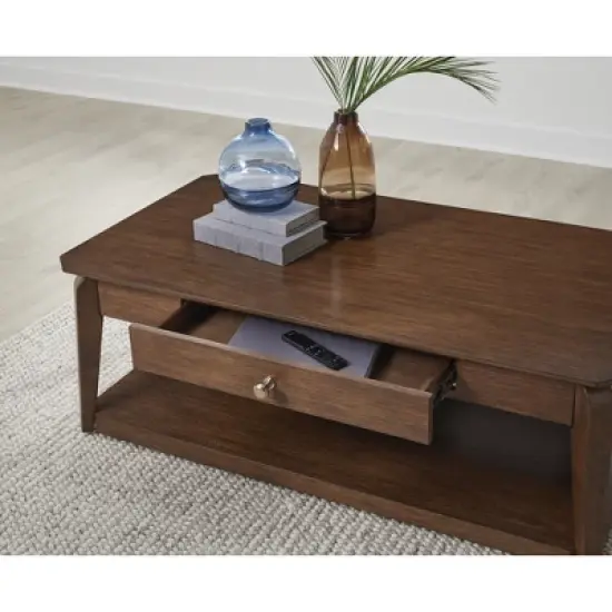 Signature Design by Ashley Trenmour Mid-Century Modern Rectangular Coffee Table with Storage Drawer, Casters & Shelf, Brown image {2}
