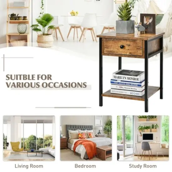 Costway Industrial End Side Table Nightstand with Drawer Shelf Rustic Brown image {6}