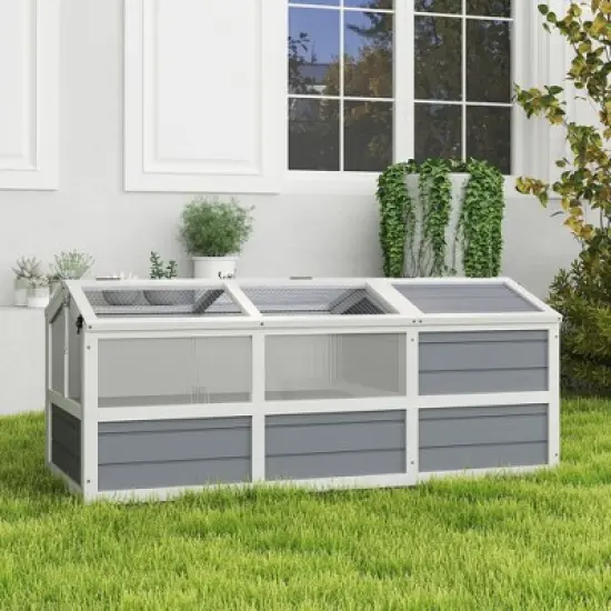 PawHut Tortoise Habitat Bottomless Design, Wooden Tortoise House Outdoor with Doors, PC Sun Panel Windows, for Small Animals, Rabbits, Light Gray image {1}