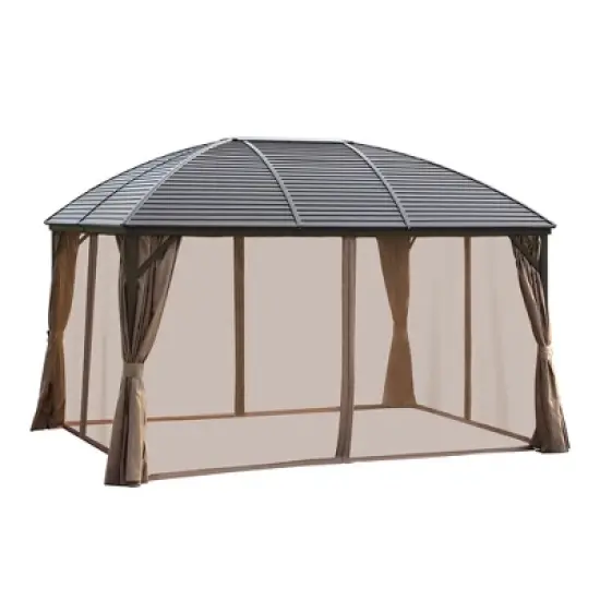 Outsunny Hardtop Gazebo  Pavilion with Curtains, Netting, Steel Roof, Aluminum Frame, and Ceiling Hook for Garden, Patio image {3}