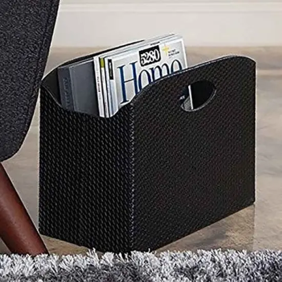 BLU MONACO Magazine Holder - Woven Leather Magazine Basket with Handles - Foldable Design image {1}