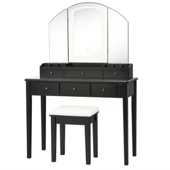 Costway Vanity Table Stool Set Large Tri-folding Lighted Mirror 6 Drawer Dresser White\Black image {10}