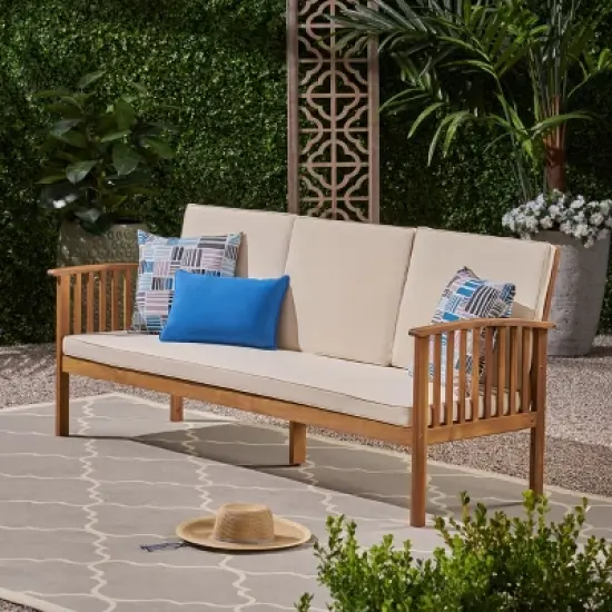 GDFStudio Dupont Outdoor Acacia Wood 3 Seater Sofa with Cushions image {8}