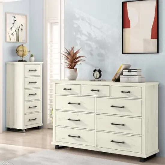 Festivo 2pc Contemporary 9 Drawer Dresser and 24 inch 5 Drawer Chest Set Saw Cut Off-White: Meets ASTM Safety, Bedroom Storage image {11}