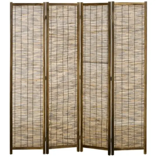 HOMCOM 5.5' Tall Room Divider with Wood & Hand Woven Reed, 4 Panel Folding Privacy Screens, Portable Partition Wall Divider image {3}