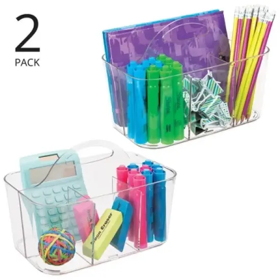 mDesign Small Plastic Caddy Tote for Desktop Office Supplies, 2 Pack, Clear image {1}