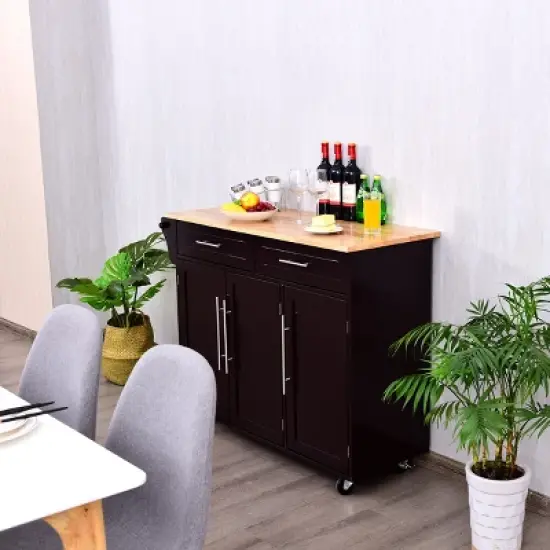Costway Kitchen Island Trolley Cart Wood Top Rolling Storage Cabinet w/Knife Block WhiteBrown image {3}