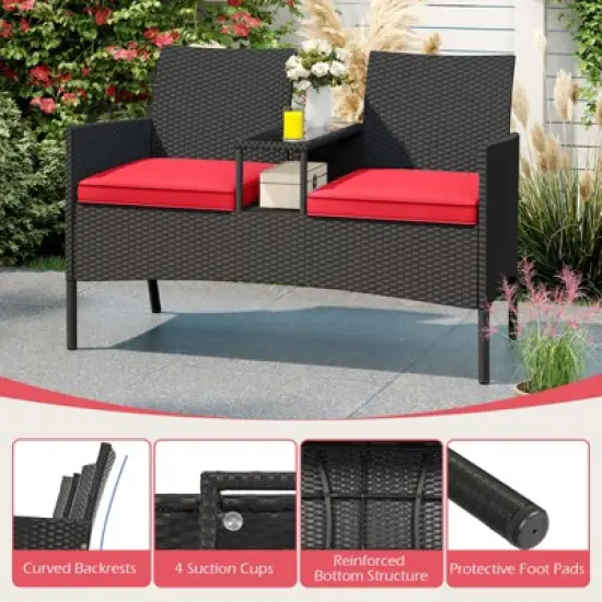 Tangkula Outdoor Rattan Loveseat 2-Seat Patio Conversation Set with Built-in Coffee Table Cushions Wicker Bench Furniture image {6}