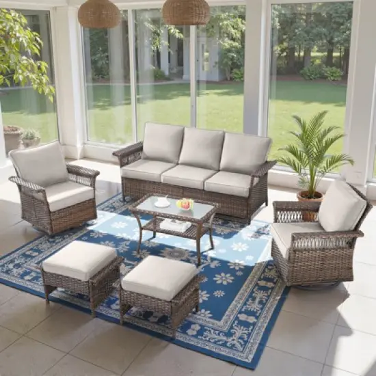 Belord 6 Piece All Weather Wicker Patio Furniture Set, Outdoor Conversation Set with Patio Sofa Couch Swivel Patio Chairs Coffee Table and Ottomans image {16}