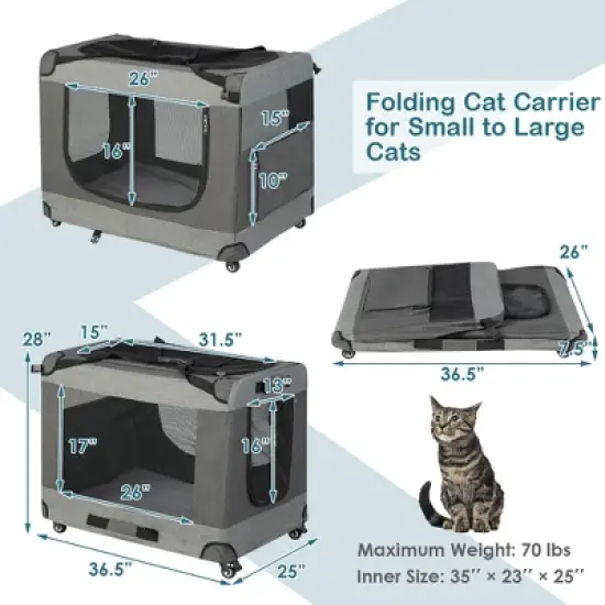 Tangkula Extra Large Portable Folding Cat Soft Crate w/ 4 Lockable Wheels Cat Carrier image {7}