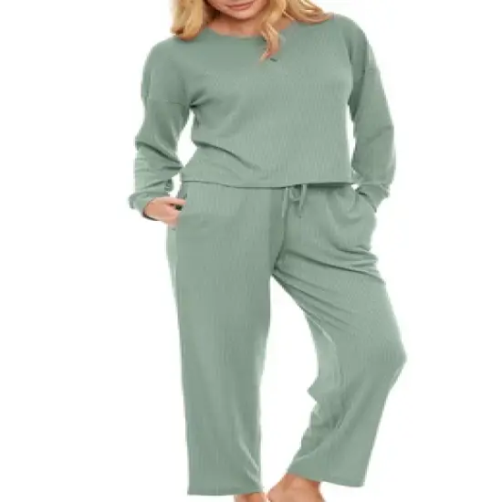 Women's Soft Ribbed Waffle Rib Knit Henley Pajamas Lounge Set, Lounge Sleeve Top and Pants with Pockets, Drawstring image {11}
