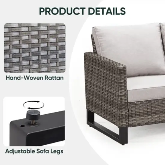 POCASSY 74.4" Outdoor Wicker Couch with Metal Armrest, 3-Seater Couch with Square Armrest Patio Furniture Sofa for Porch Balcony, Gray image {3}