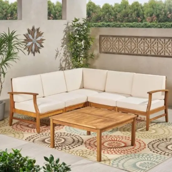 Outdoor Sectional Sofa Set, 5 Seater Acacia Sofa Set with Cushions and Pillows, 6 Pcs Sofa with Wood Frame and PE Cushions-Coolbibila image {7}