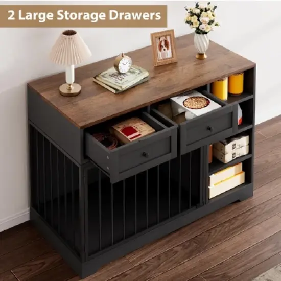 Dog Crate Furniture 47&rdquo;, Large Dog Crate TV Stand with 2 Drawers and 4 Shelves, Wooden Dog Kennel Indoor, Decorative Dog Cage with Storage image {5}