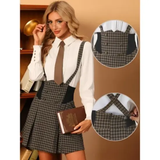 Allegra K Women's Overall Pinafore Plaid Mini Skirt image {1}