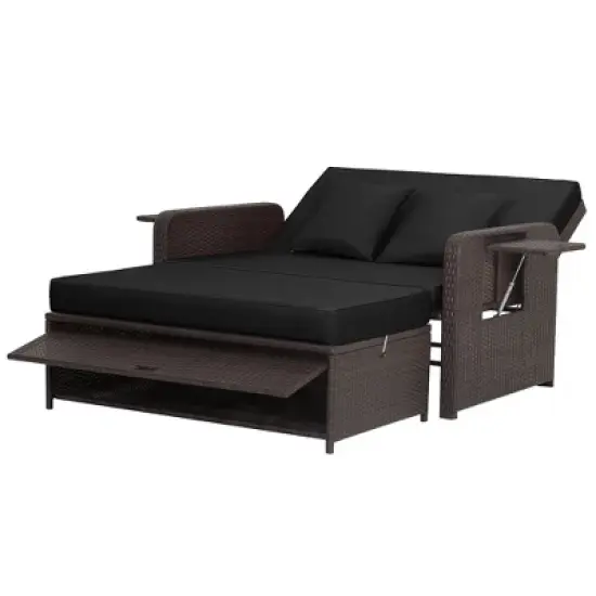 Tangkula Rattan Loveseat Set Daybed Lounge Storage Ottoman Side Tables Adjust Patio Black image {5}