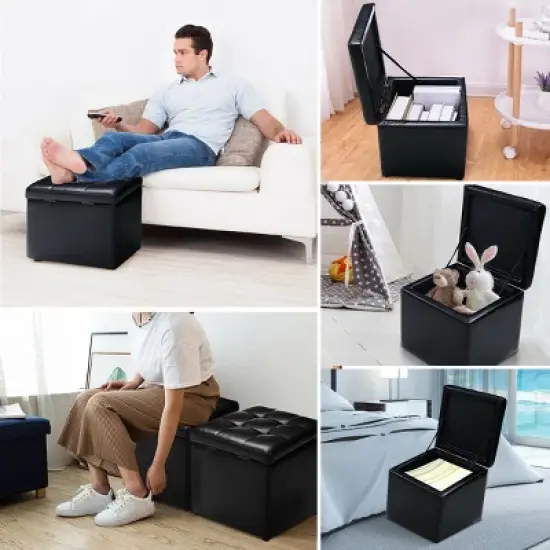 Costway 16''Cube Ottoman Pouffe Storage Box Lounge Seat Footstools with Hinge Top black image {4}