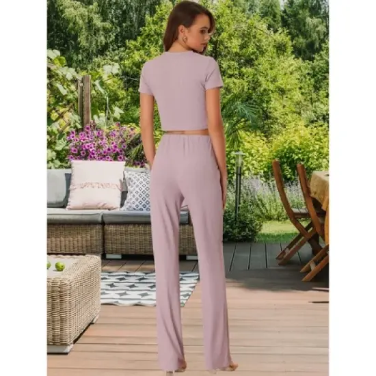 Allegra K Women's Two Pieces Short Sleeve Bodycon Ribbed Knit Crop Top Loose Wide Leg Pant Casual Lounge Set image {3}