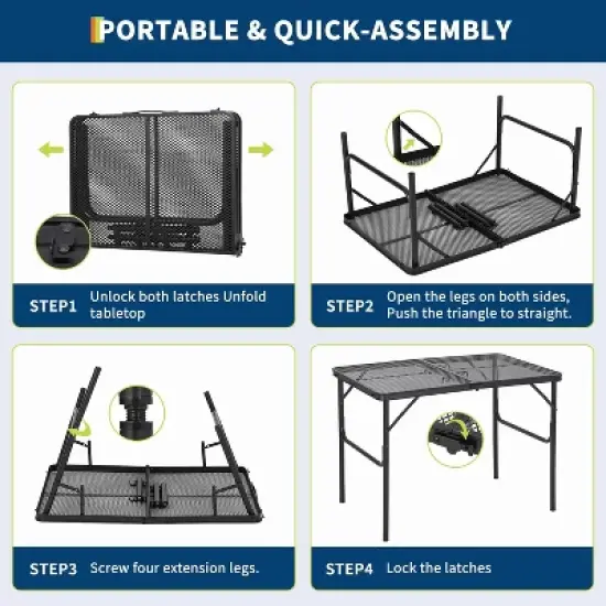 Folding Grill Table,Portable Camping Table with Mesh Desktop,Height Adjustable Lightweight Metal Grill Table image {5}