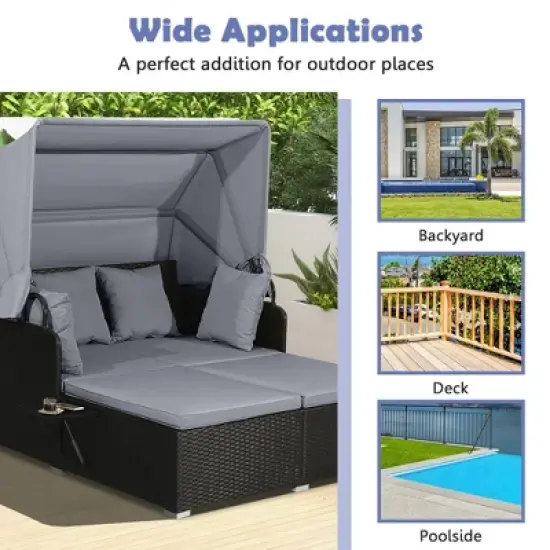 Costway Patio Rattan Daybed Lounge Retractable Top Canopy Side Tables Cushions image {4}