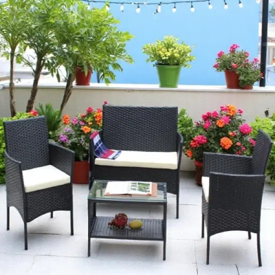 Outdoor Wicker Patio Set with Loveseat, Armchairs, and Tea Table - Water-Resistant Cushions & UV Protection image {13}