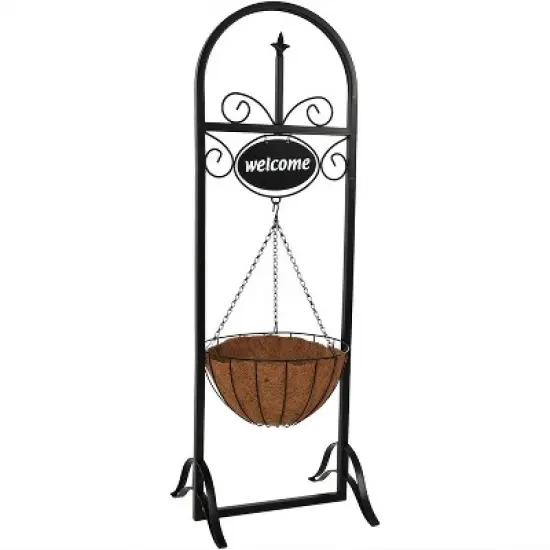 Sunnydaze Indoor/Outdoor Iron Construction Decorative Welcome Sign and Coco Grass Liner Hanging Basket Planter Stand - 48" H - Black image {5}