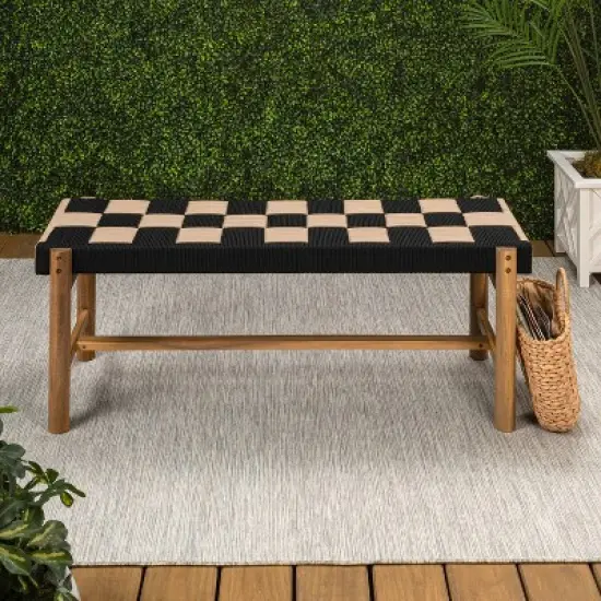 JONATHAN Y Denis 48" 2-Seat Backless 700-Lbs Support Acacia Wood Outdoor Bench With Checkerboard Woven Rope Seat image {4}